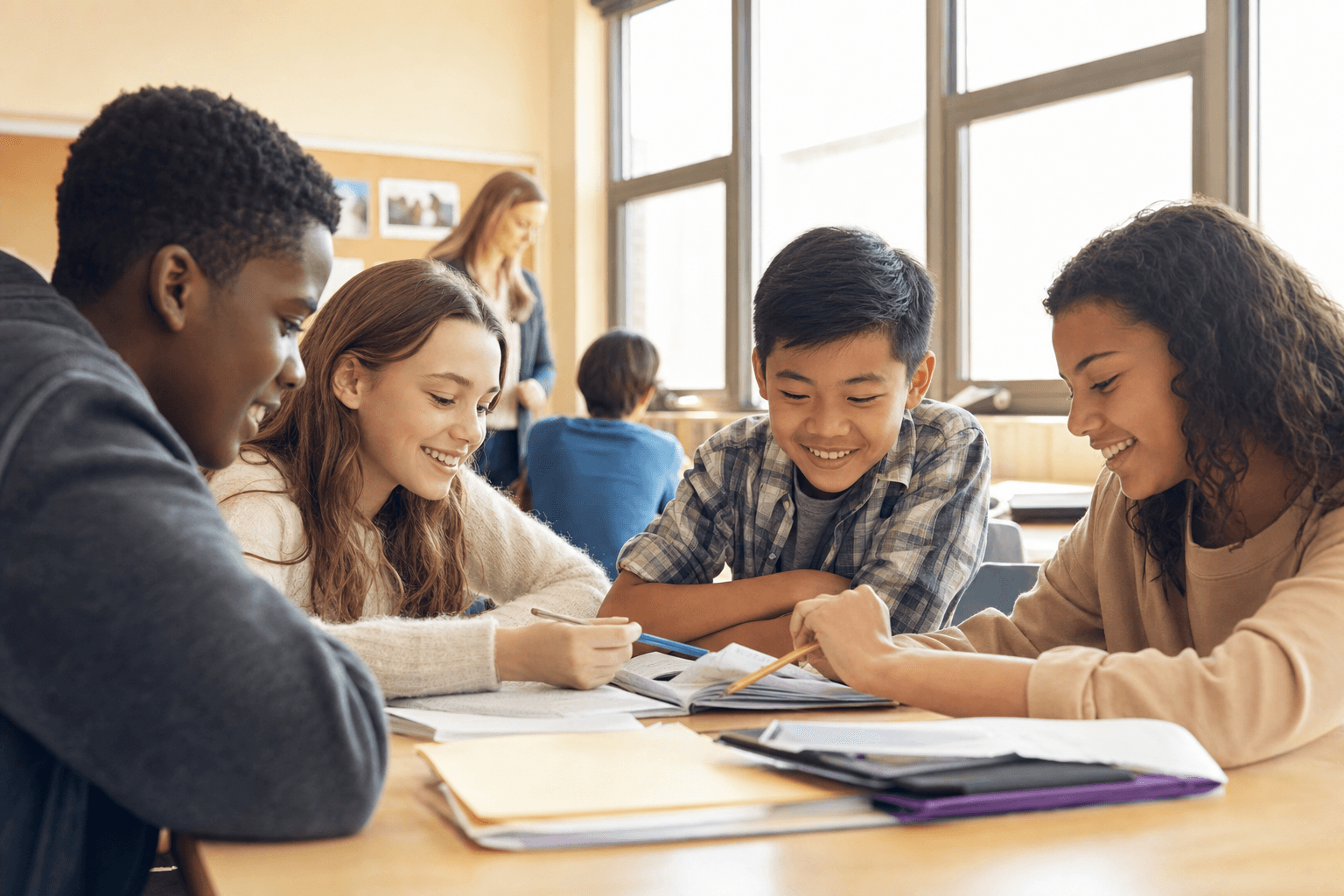 Students collaborating in a bright classroom
