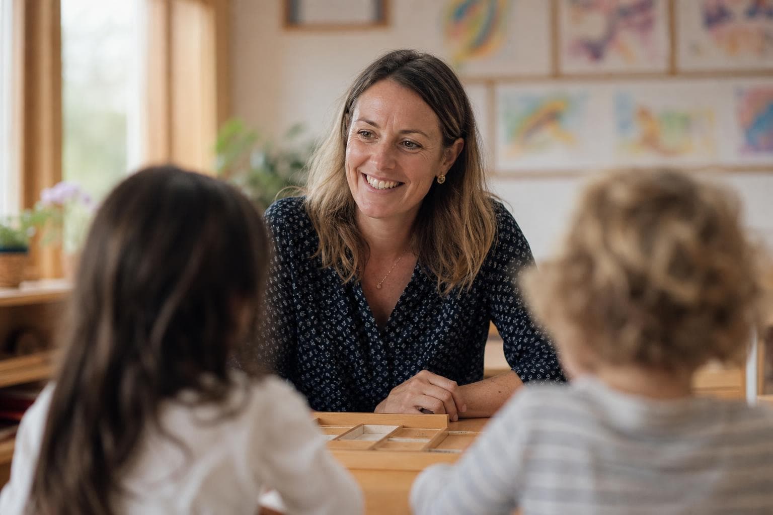 A teacher helping young students at a table in a sunlit classroom