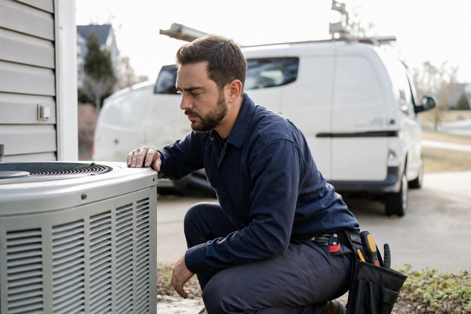 A uniformed HVAC technician servicing an outdoor unit beside a suburban home